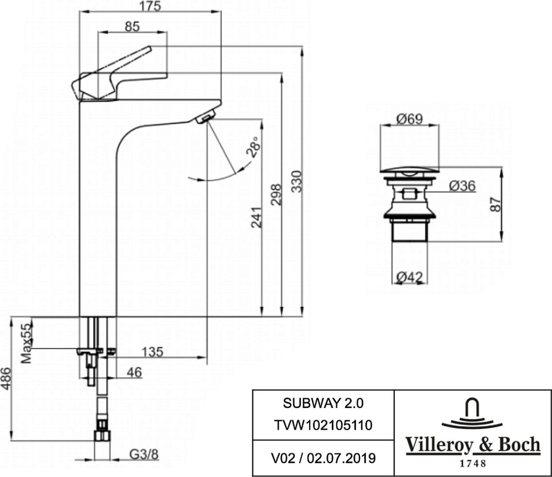 Смеситель Villeroy & Boch Subway 2.0 TVW10210511061 для раковины, хром