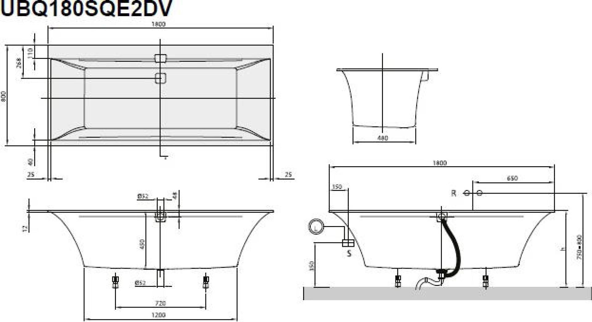 Квариловая ванна 180х80 Villeroy & Boch Squaro Edge 12 UBQ180SQE2DV-01