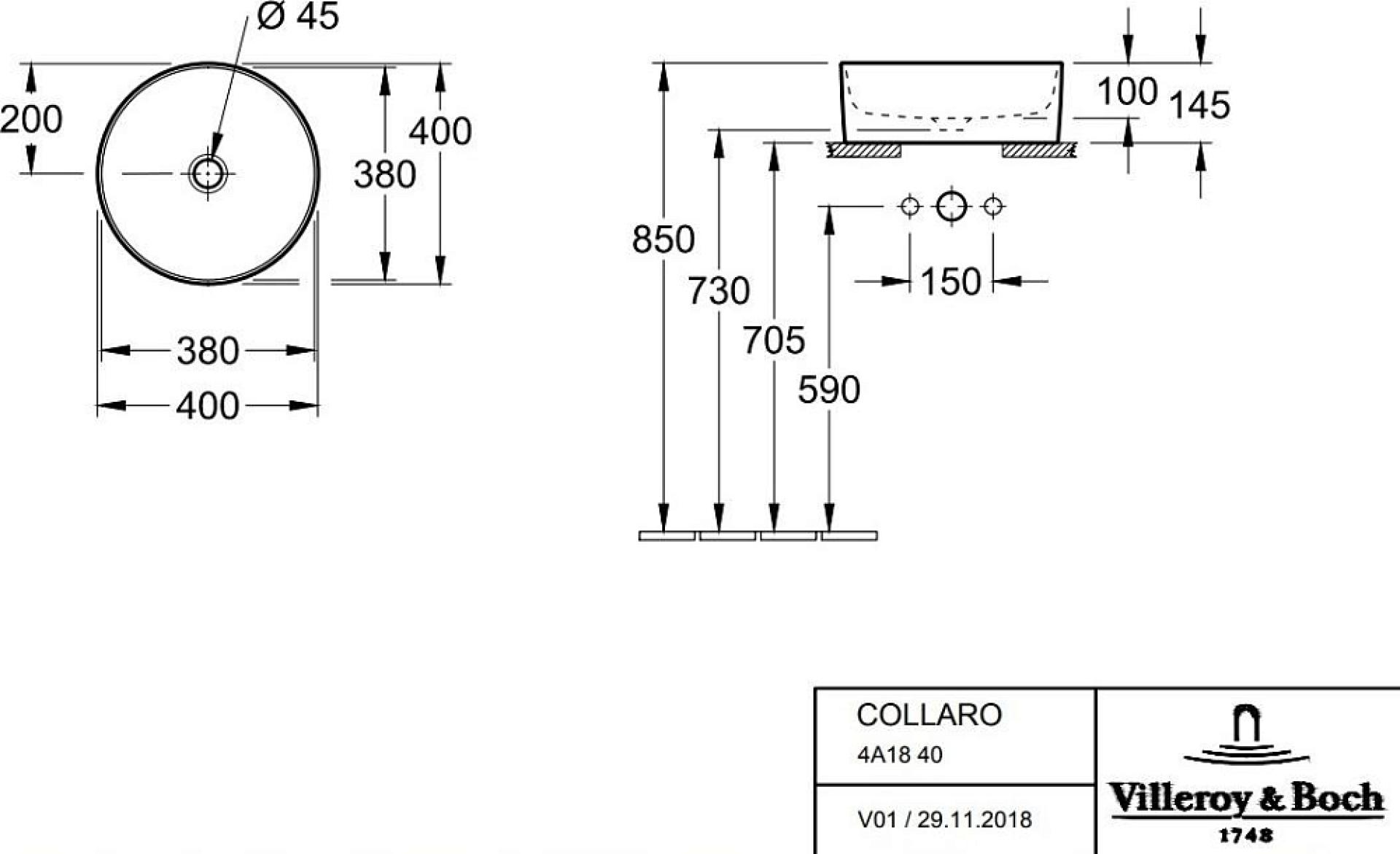 Раковина накладная 40 см Villeroy & Boch Collaro 4A1840R1, альпийский белый