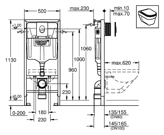 Комплект  Система инсталляции для унитазов Grohe Rapid SL 38721001 3 в 1 с кнопкой смыва + Унитаз подвесной Villeroy & Boch O'Novo 5660HR01 alpin без