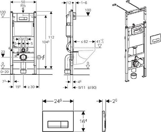 Комплект Чаша Villeroy & Boch Subway 2.0 5600 1001 + Инсталляция Geberit Duofix 458.125.21.1 4 в 1 с кнопкой смыва + Крышка-сиденье с микролифтом